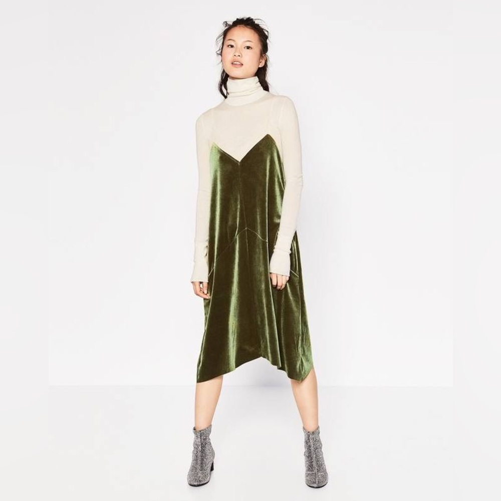 Zara Green Velvet Midi Dress with Pink Mesh